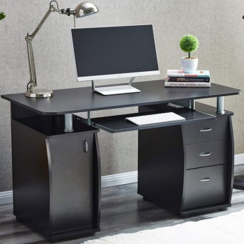 RayGar Deluxe Computer Desk With Cabinet and 3 Drawers - Black