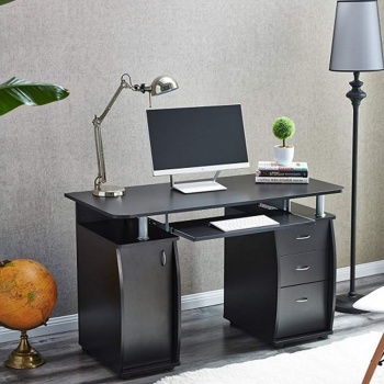 RayGar Deluxe Computer Desk With Cabinet and 3 Drawers - Black