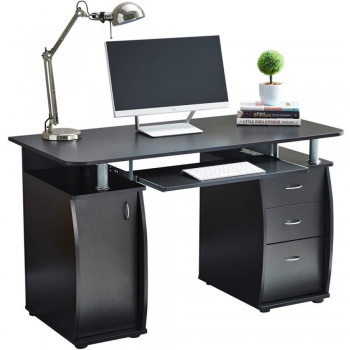 RayGar Deluxe Computer Desk With Cabinet and 3 Drawers - Black