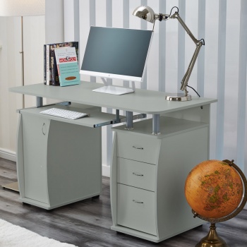 RayGar Deluxe Computer Desk With Cabinet and 3 Drawers - Grey