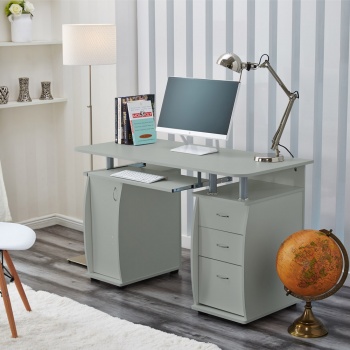 RayGar Deluxe Computer Desk With Cabinet and 3 Drawers - Grey