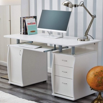 RayGar Deluxe Computer Desk With Cabinet and 3 Drawers - White