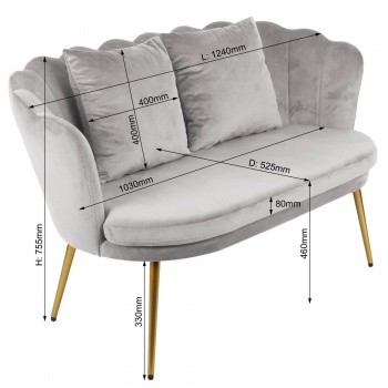 Genesis Flora 2 Seater Sofa with Petal Back Scallop in Velvet - Silver Grey