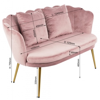 Genesis Flora 2 Seater Sofa with Petal Back Scallop in Velvet - Silver Pink