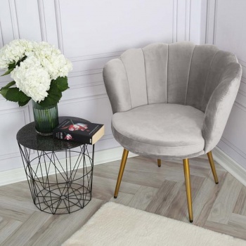 Genesis Flora Accent Chair with Petal Back Scallop Armchair in Velvet - Silver Grey