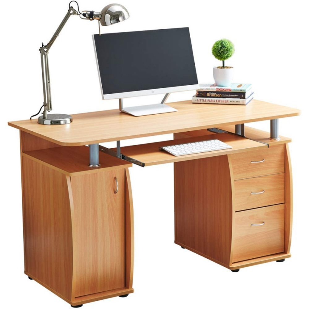 RayGar Deluxe Computer Desk With Cabinet and 3 Drawers - Beech