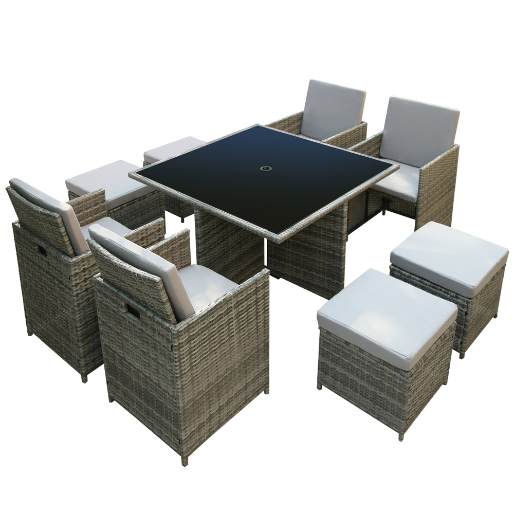 Hera Deluxe Rattan 8 Seater Dining Cube Garden Furniture Patio Set w/ Parasol Hole - Grey