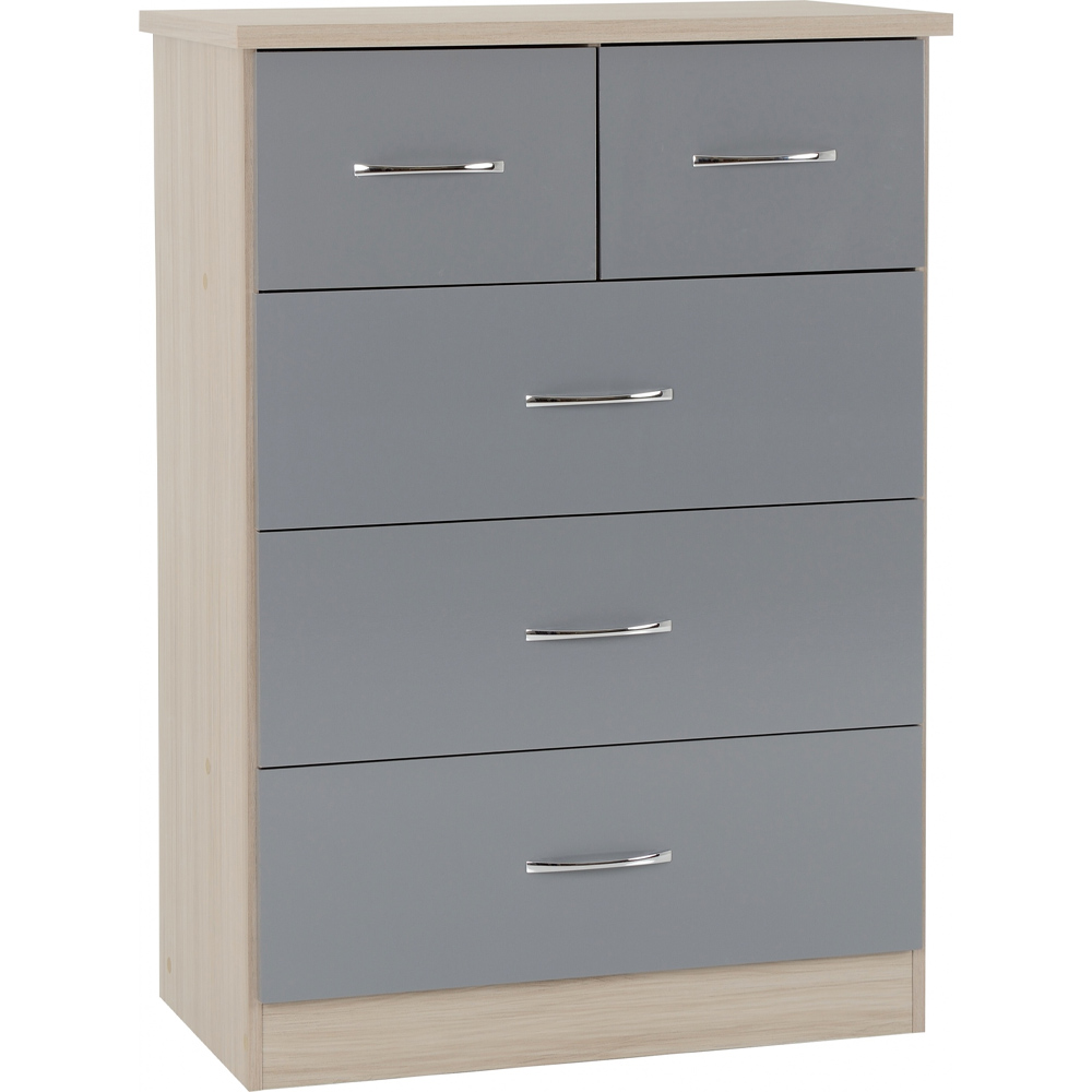 Nevada 3+2 Drawer Chest - Grey Gloss/Light Oak Effect Veneer