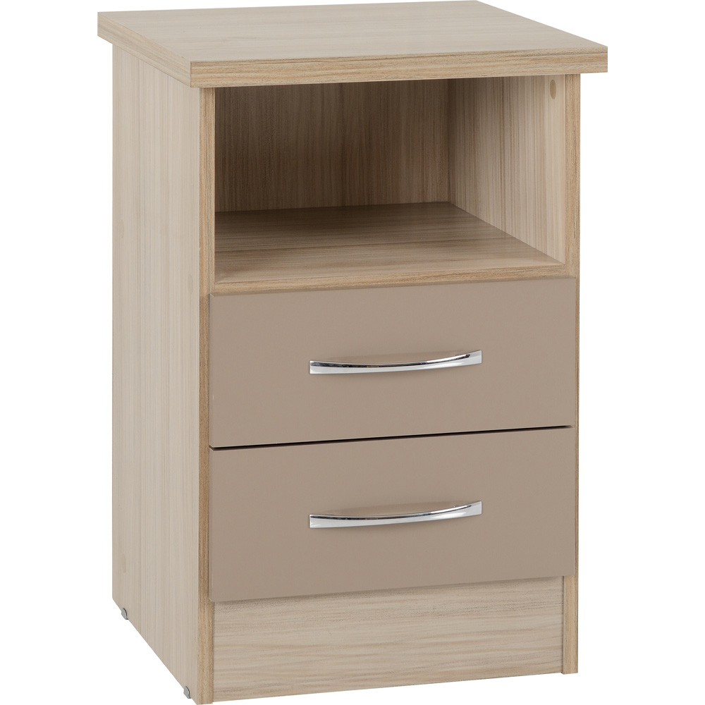 Nevada 2 Drawer Bedside - Oyster Gloss/Light Oak Effect Veneer