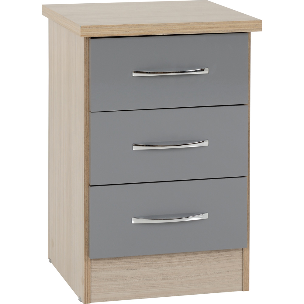 Nevada 3 Drawer Bedside - Grey Gloss/Light Oak Effect Veneer