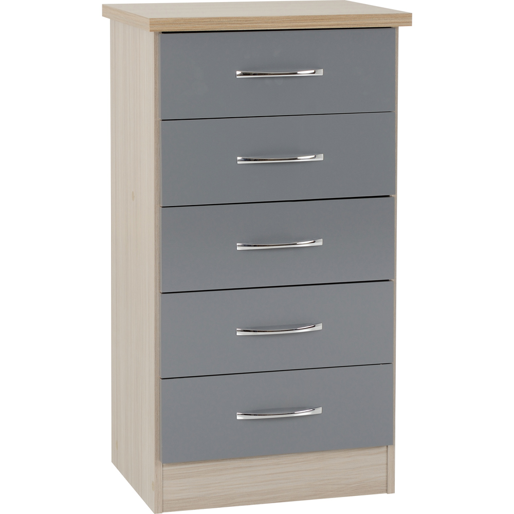 Nevada 5 Drawer Narrow Chest - Grey Gloss/Light Oak Effect Veneer