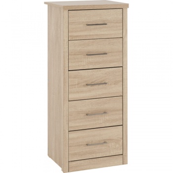 Lisbon 5 Drawer Narrow Chest - Light Oak Effect Veneer