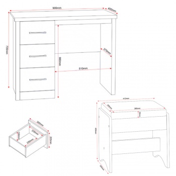 Lisbon 3 Drawer Dressing Table Set - Black Grain/Faux Leather