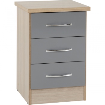 Nevada 3 Drawer Bedside - Grey Gloss/Light Oak Effect Veneer