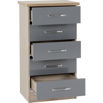 Nevada 5 Drawer Narrow Chest - Grey Gloss/Light Oak Effect Veneer