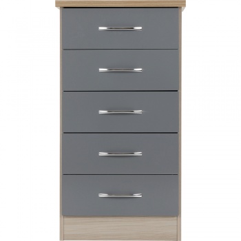 Nevada 5 Drawer Narrow Chest - Grey Gloss/Light Oak Effect Veneer
