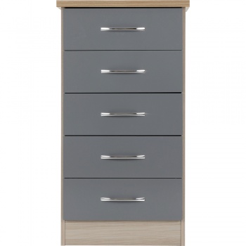 Nevada 5 Drawer Narrow Chest - Grey Gloss/Light Oak Effect Veneer