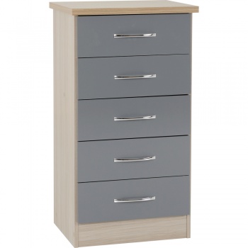 Nevada 5 Drawer Narrow Chest - Grey Gloss/Light Oak Effect Veneer