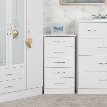 Nevada 5 Drawer Narrow Chest - White Gloss