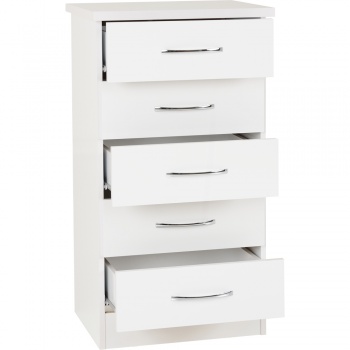 Nevada 5 Drawer Narrow Chest - White Gloss