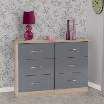 Nevada 6 Drawer Chest - Grey Gloss/Light Oak Effect Veneer