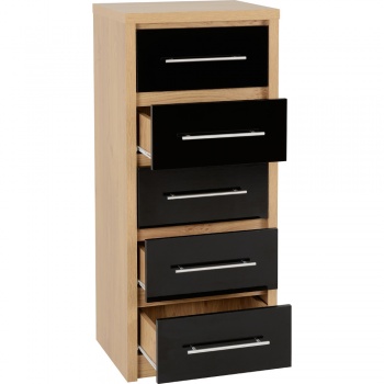 Seville 5 Drawer Narrow Chest - Black/Oak