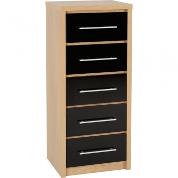 Seville 5 Drawer Narrow Chest - Black/Oak